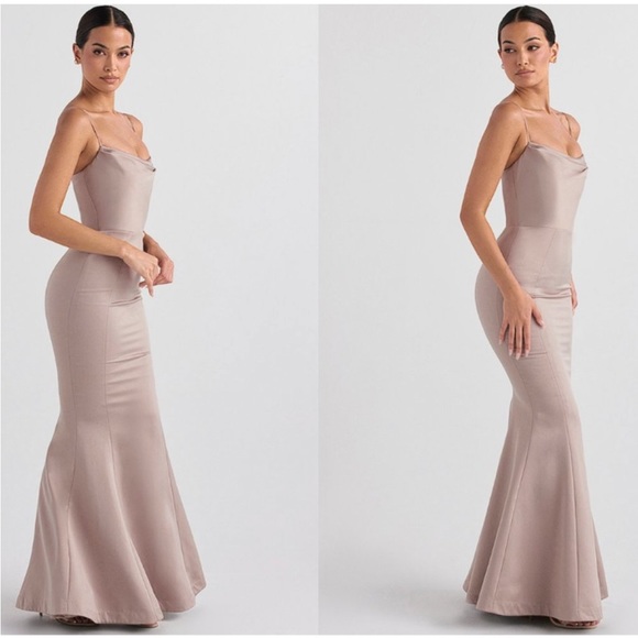 HOUSE OF CB 'Violette' Mushroom Satin Fishtail Gown - Picture 2 of 10